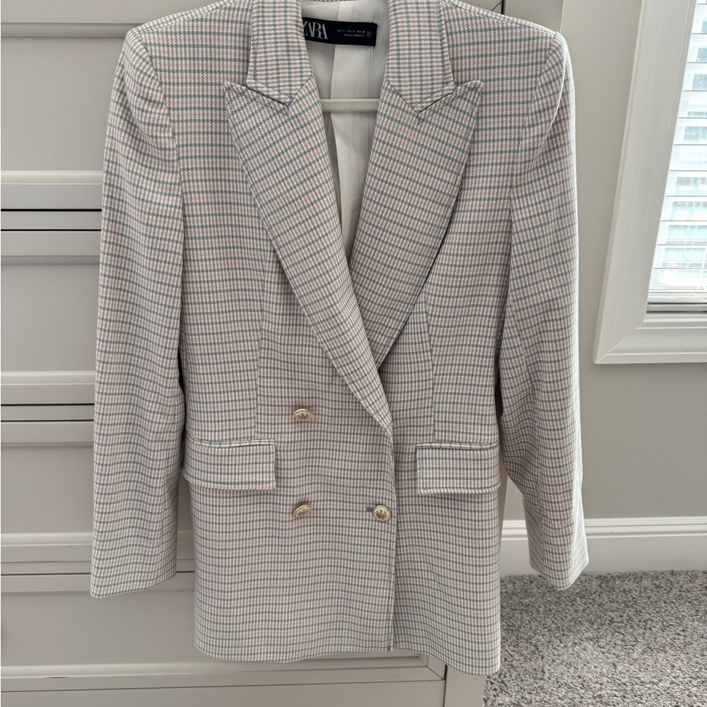 Zara Beige Checkered Blazer with Gold Buttons